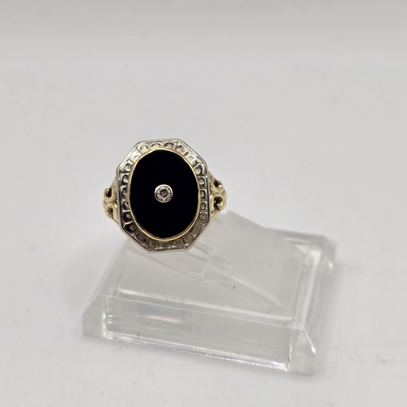1940s Mid Century Black Onyx and Diamond 2 Tone White & Yellow Gold Ring Size 6 - Picture 10 of 10